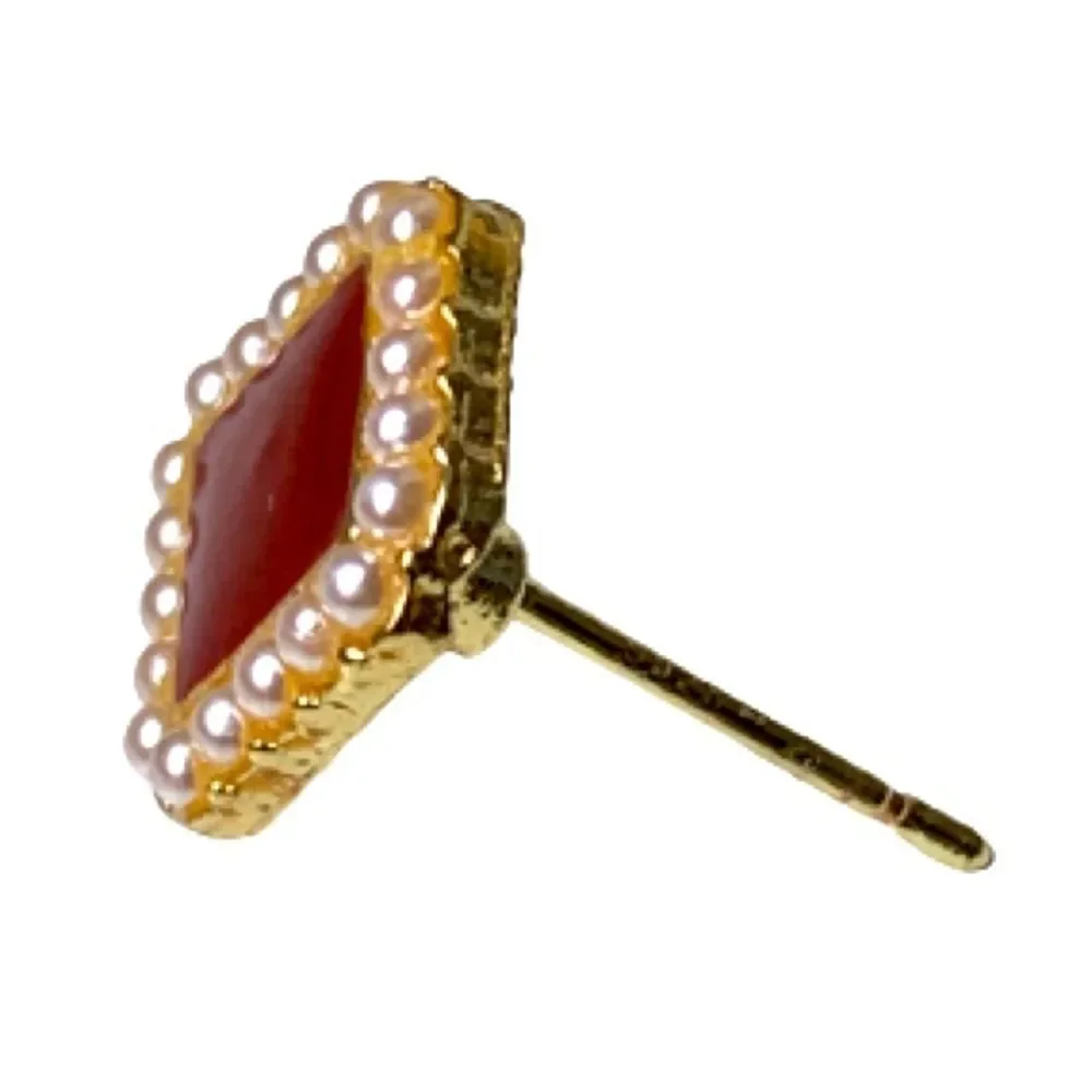 1950s French Style Ruby Red Square Earrings, Pearl Border